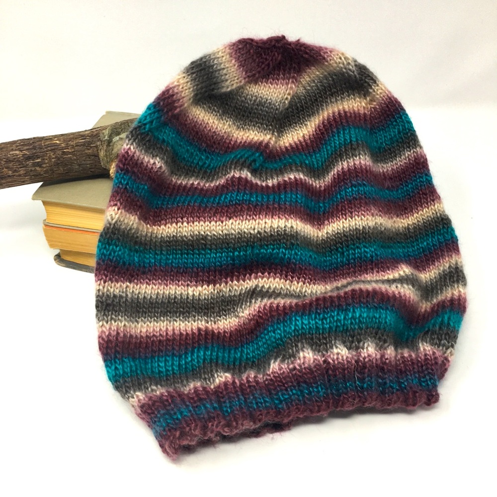 Handknitted Striped Burgundy Teal Cream Grey Ribbed Edge Unisex Slouchy Hat